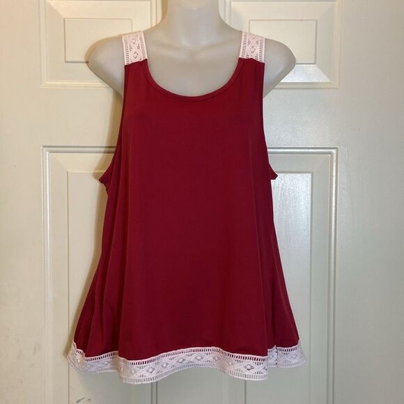 4/$30 Red Burgundy Tank Top with White Lace Straps 💯 Polyester Plus Size 2XL - Picture 3 of 7